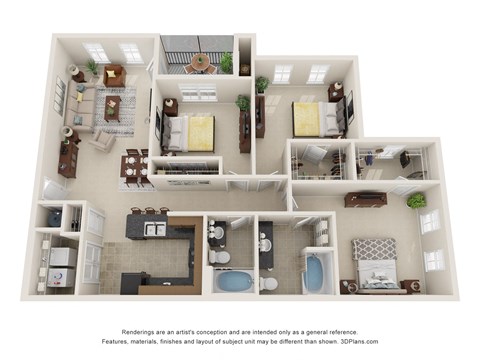 Floor plan for 3 beds, 2 baths, 1386 sqft
